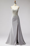Corsé gris claro, perlas de satén, pedrería Vestido de baile de sirena con drapeado