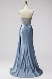 Corsé azul transparente, vestido largo de graduación sin tirantes de satén fruncido con pedrería y corte azul
