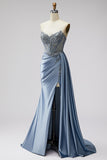 Corsé azul transparente, vestido largo de graduación sin tirantes de satén fruncido con pedrería y corte azul