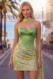 Vestido de Homecoming con corsé verde bodycon corsé cariño, lentejuelas, con bufanda de cuello