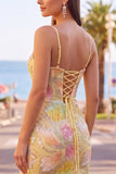 Aplique de lentejuelas amarillo claro, tirantes finos, vestido bodycon de bienvenida