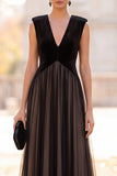 Vestido formal largo de terciopelo en V con escote en V y Tul negro