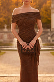 Vestido formal Maxi fruncido con funda de café sobre el hombro