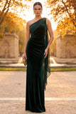 Vestido formal Maxi de un hombro fruncido con funda verde oscuro y drapeado