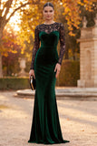 Vestido formal Maxi de manga larga con cuello ilusión de terciopelo verde oscuro y encaje