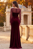 Vestido formal largo largo de veludo burdeos, cuello ilusión y cuello ilusorio, con abertura lateral