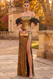 Vestido formal largo de lentejuelas con funda dorada y lazos