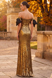 Vestido formal largo de lentejuelas con funda dorada y lazos