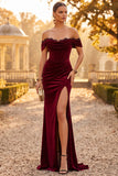 Corsé de sirena de terciopelo burdeos, vestido formal de encaje fruncido con abertura y abertura