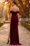 Corsé de sirena de terciopelo burdeos, vestido formal de encaje fruncido con abertura y abertura