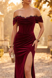 Corsé de sirena de terciopelo burdeos, vestido formal de encaje fruncido con abertura y abertura