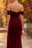 Corsé de sirena de terciopelo burdeos, vestido formal de encaje fruncido con abertura y abertura