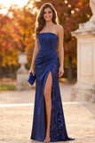 Vestido formal Maxi de lentejuelas rizadas sin tirantes azul oscuro con abertura lateral