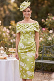 Vestido de Satén de Verde con Estampado de Hombros Cortos y Vestido de Madre de la Novia con abertura