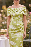 Vestido de Satén de Verde con Estampado de Hombros Cortos y Vestido de Madre de la Novia con abertura
