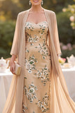Vestido de madre de la novia bordado con lentejuelas de champán y chifón