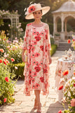 Vestido midi de Madre de la Novia con escote redondo de 3/4 mangas de flor roja y chiffon