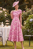 Vestido rosa de la madre de la novia con estampado floral de línea A con hombros descubiertos y lazo