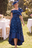 Vestido de madre de la novia, de línea en A alto azul marino alto y bajo de encaje, con y gran lazo