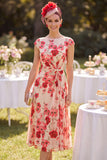 Mangas de gorra tipo bateau rojo con escote tipo A-line floral estampado Midi Mother of the Bride
