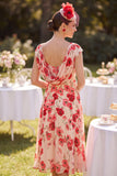 Mangas de gorra tipo bateau rojo con escote tipo A-line floral estampado Midi Mother of the Bride