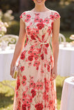 Mangas de gorra tipo bateau rojo con escote tipo A-line floral estampado Midi Mother of the Bride