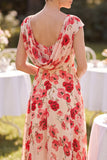 Mangas de gorra tipo bateau rojo con escote tipo A-line floral estampado Midi Mother of the Bride