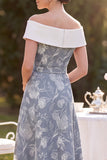 Gris, blanco descubierto, hasta los hombros, vestido midi de madre de la novia, estampado en línea baja floral