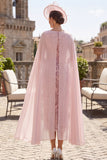 Vestido de madre de la novia midi de cuello de capucha con lentejuelas rosas y capa de gasa