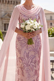 Vestido de madre de la novia midi de cuello de capucha con lentejuelas rosas y capa de gasa