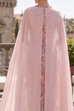 Vestido de madre de la novia midi de cuello de capucha con lentejuelas rosas y capa de gasa