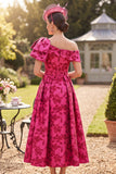 Vestido asimétrico de la madre de la novia, fucsia fruncido y estampado en línea en forma de A, de un solo hombro