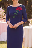 Blu marino con escote bateau funda 3/4 mangas Aplicaciones Vestido midi Madre de la novia