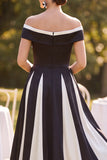 Vestido de la novia de la madre de la novia, negro blanco de hombros descubiertos