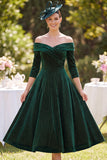 Vestido de madre de la novia verde oscuro de hombros descubiertos en 3/4 de mangas línea A con abalorios