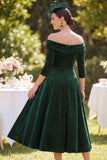 Vestido de madre de la novia verde oscuro de hombros descubiertos en 3/4 de mangas línea A con abalorios