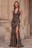 Vestido de graduación largo con corte en V con escote en V y lentejuelas negras con funda larga