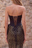 Corsé Sirena negro sin tirantes, lentejuelas, vestido largo de graduación con lazo de satén oversize