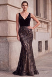 Vestido largo de graduación de fin de curso de sirena negra con cuello en V y lentejuelas