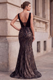 Vestido largo de graduación de fin de curso de sirena negra con cuello en V y lentejuelas