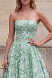 Vestido largo de graduación floral de graduación verde claro de tirantes sin tirantes