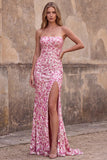 Vestido largo largo de baile de sirena rosa brillante con lentejuelas rosas y tirantes