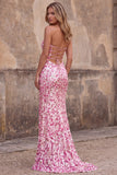 Vestido largo largo de baile de sirena rosa brillante con lentejuelas rosas y tirantes