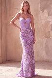 Vestido largo de graduación de tirantes finos con tirantes finos de sirena morada y bordados florales