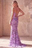 Vestido largo de graduación de tirantes finos con tirantes finos de sirena morada y bordados florales