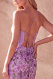 Vestido largo de graduación de tirantes finos con tirantes finos de sirena morada y bordados florales