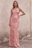 Corsé rosa con funda, lentejuelas, vestido largo sin tirantes sin tirantes y flecos escalonados