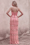 Corsé rosa con funda, lentejuelas, vestido largo sin tirantes sin tirantes y flecos escalonados
