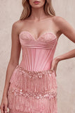 Corsé rosa con funda, lentejuelas, vestido largo sin tirantes sin tirantes y flecos escalonados