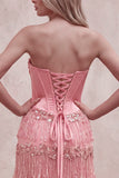 Corsé rosa con funda, lentejuelas, vestido largo sin tirantes sin tirantes y flecos escalonados